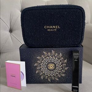 CHANEL Blue Tweed Makeup Cosmetic Pouch Bag with Eyeliner Espresso